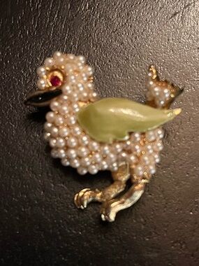 Pearl Encrusted Duck Brooch with Green Enamel Wing RISA